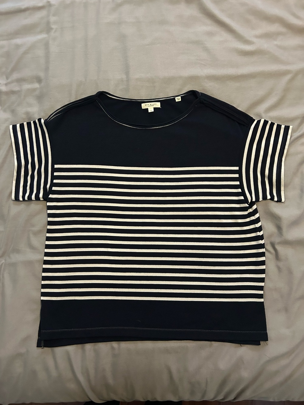 Max Studio Navy and White Trim Crewneck Tee